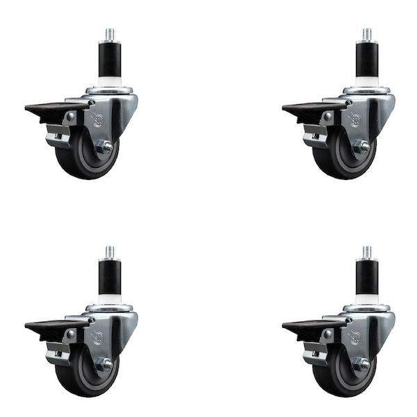 3'' Thermoplastic Rubber Swivel 1-3/8'' Expanding Stem Caster Set with Brake, 4PK